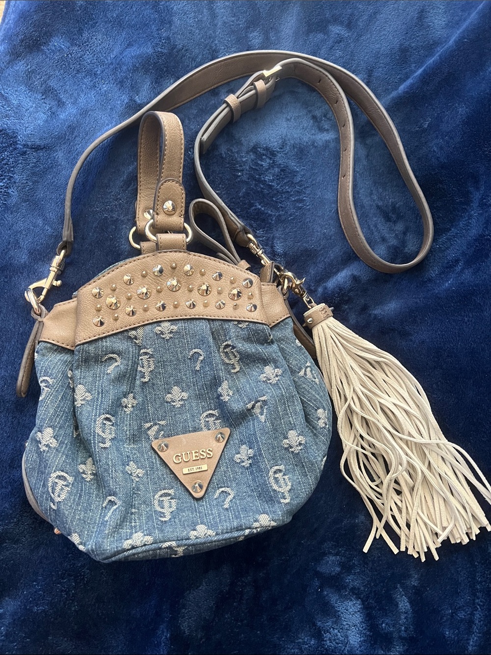 GUESS Denim and Tan Leather Crossbody with Fringe Tassel